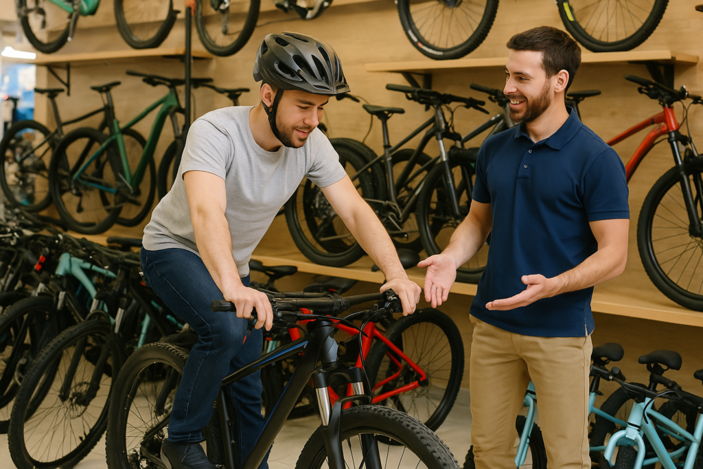 Hombre probando bicicleta en tienda con asesoría de vendedor sonriente.