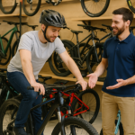 Hombre probando bicicleta en tienda con asesoría de vendedor sonriente.