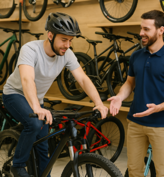 Hombre probando bicicleta en tienda con asesoría de vendedor sonriente.