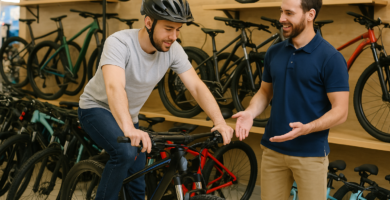 Hombre probando bicicleta en tienda con asesoría de vendedor sonriente.